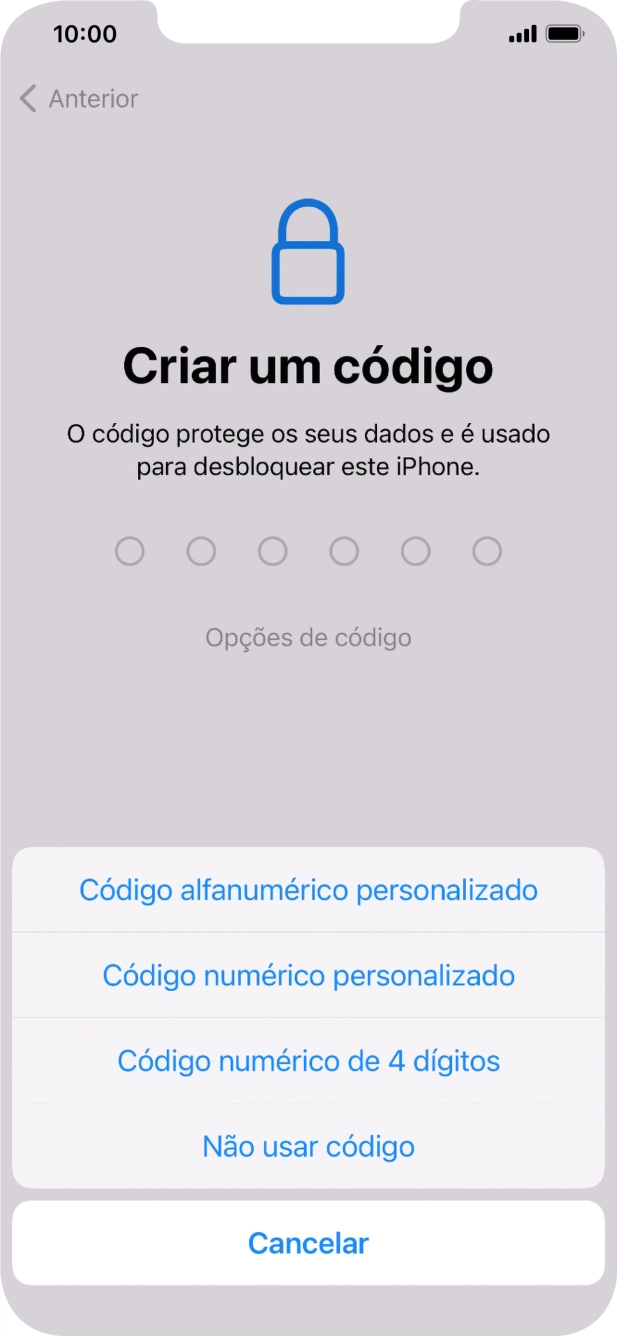 Siga as indicações no ecrã para ativar a utilização do código de bloqueio do telefone ou prima Não usar código.
