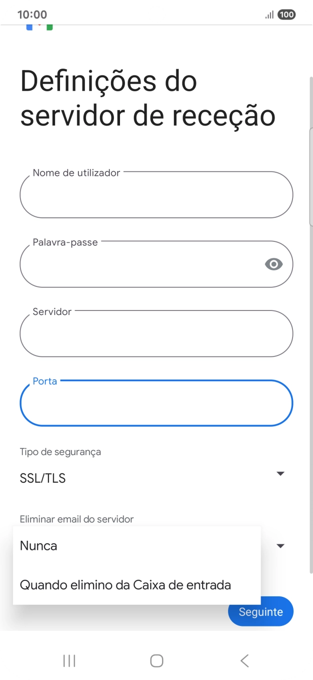 Prima Nunca para manter os e-mails no servidor quando estes são apagados no telefone.