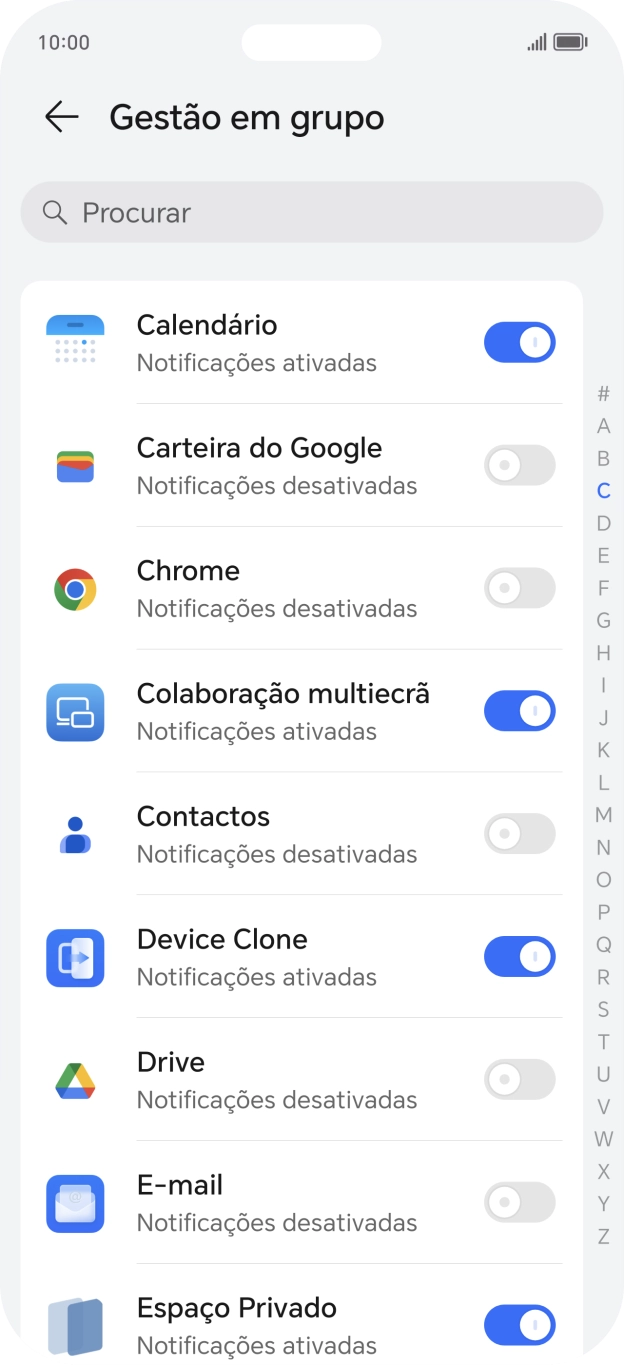 Prima o indicador junto às apps pretendidas para ativar ou desativar a função.