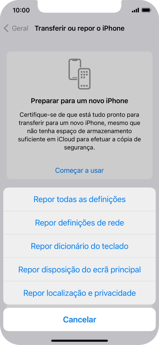 Prima Repor todas as definições.
