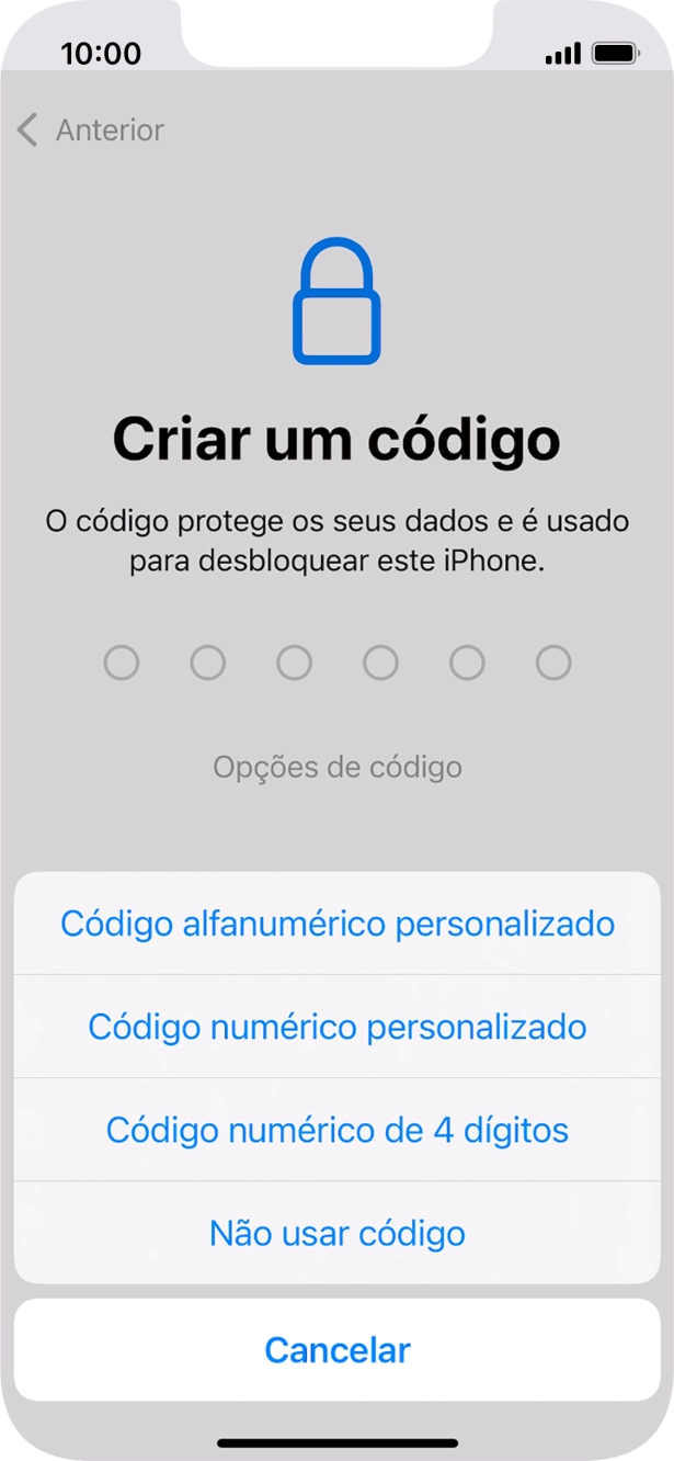 Siga as indicações no ecrã para ativar a utilização do código de bloqueio do telefone ou prima Não usar código.