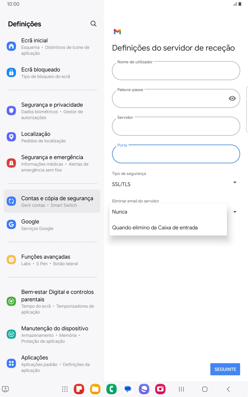 Prima Nunca para manter os e-mails no servidor quando estes são apagados no tablet.