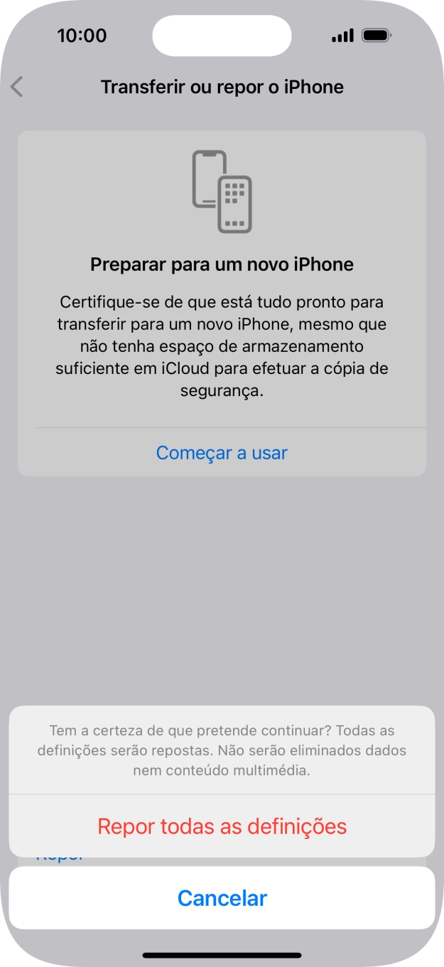 Prima Repor todas as definições. Aguarde um momento enquanto o telefone restabelece as definições originais. Siga as indicações no ecrã para configurar o telefone de modo que este fique pronto a ser utilizado.
