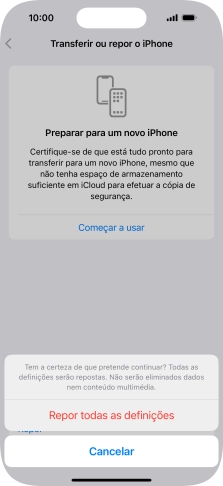 Prima Repor todas as definições. Aguarde um momento enquanto o telefone restabelece as definições originais. Siga as indicações no ecrã para configurar o telefone de modo que este fique pronto a ser utilizado.