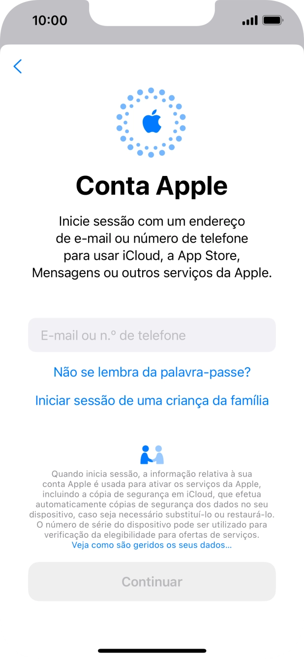 Prima E-mail ou n.º de telefone e introduza o nome de utilizador do seu ID Apple.