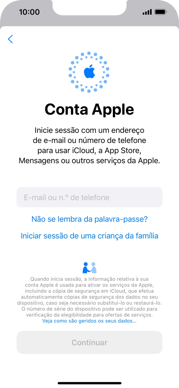Prima E-mail ou n.º de telefone e introduza o nome de utilizador do seu ID Apple.