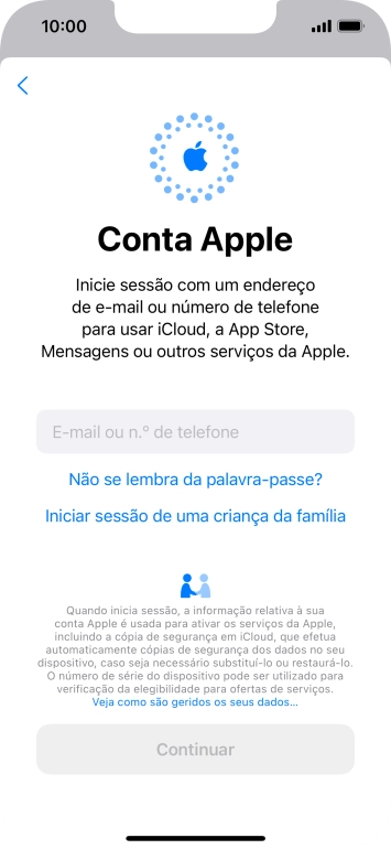 Prima E-mail ou n.º de telefone e introduza o nome de utilizador do seu ID Apple.