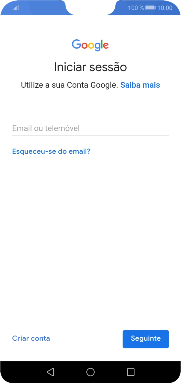 Se não tiver uma conta Google, prima Criar conta e siga as indicações no ecrã para criar uma conta.