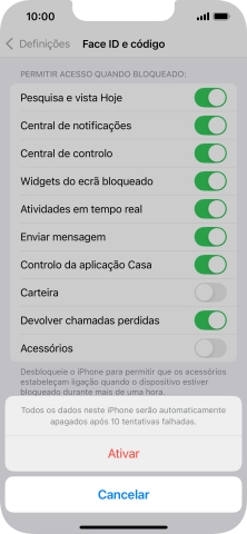 Se ativar a função, prima Ativar.