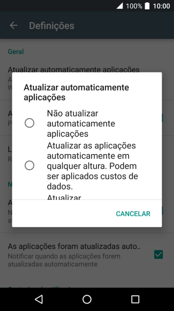 Prima Não atualizar automaticamente aplicações para desativar a função.