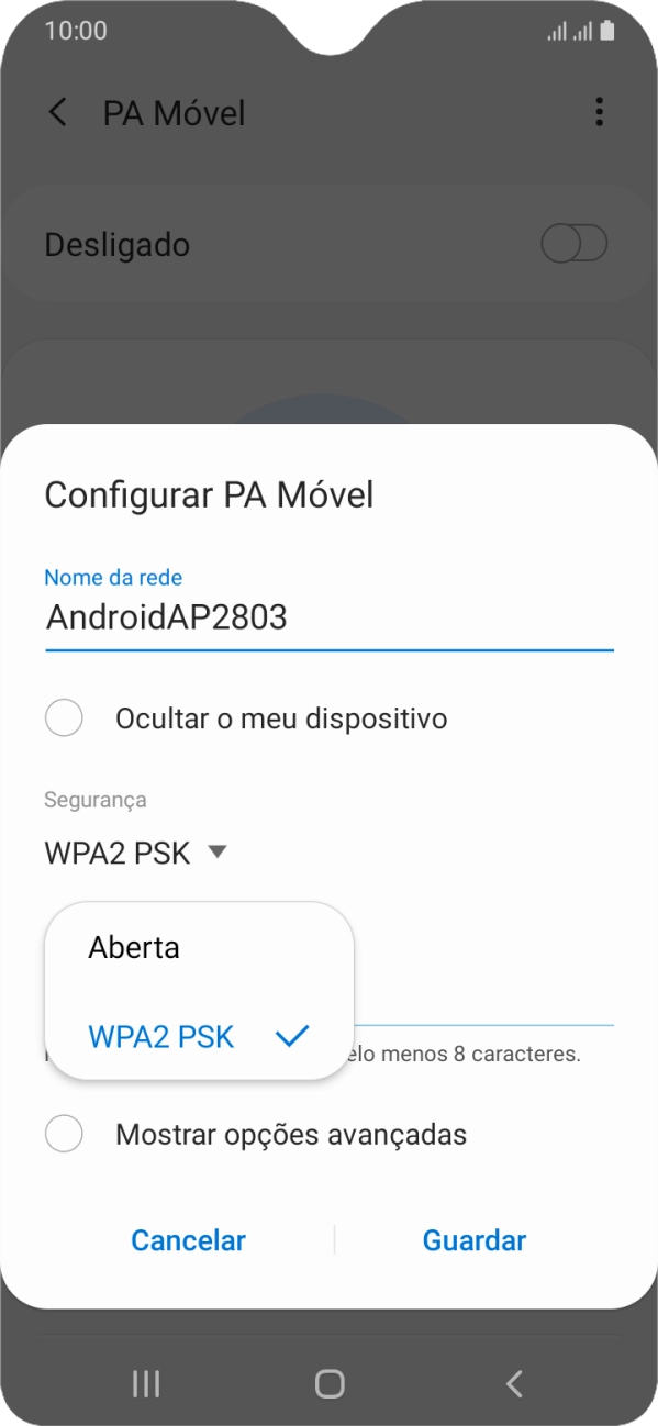 Prima WPA2 PSK para proteger o hotspot Wi-Fi com uma password.