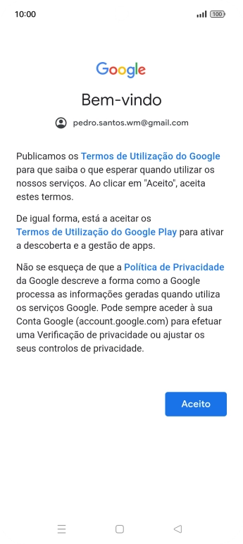 Prima Aceito e siga as indicações no ecrã para escolher as definições da conta Google.