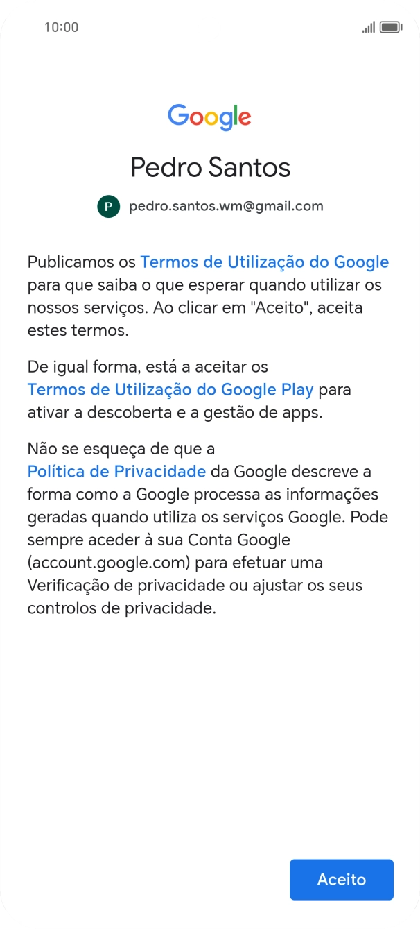 Prima Aceito e siga as indicações no ecrã para escolher as definições da conta Google.