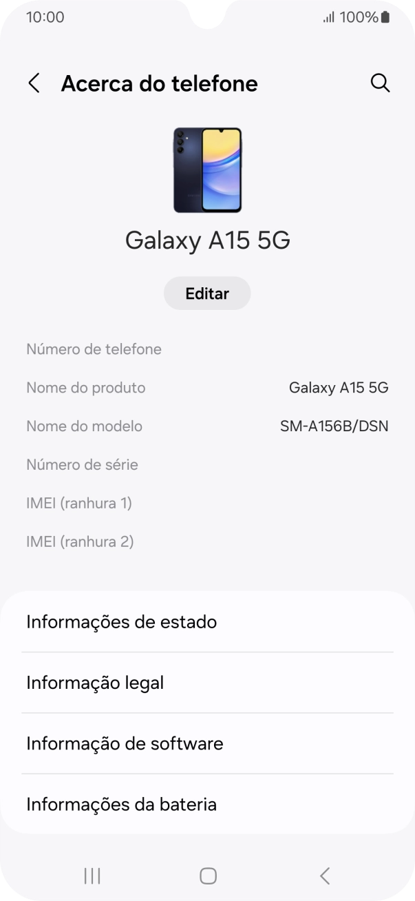 O código IMEI é mostrado no ecrã.
