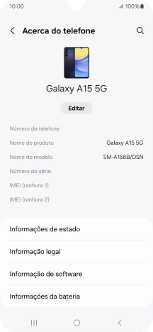 O código IMEI é mostrado no ecrã.