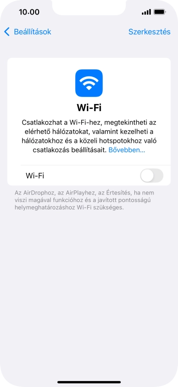 Kattints a „Wi-Fi” melletti csúszkára a funkció bekapcsolásához.