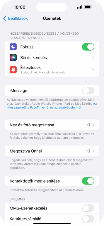 Kattints az „iMessage” melletti csúszkára a funkció bekapcsolásához.