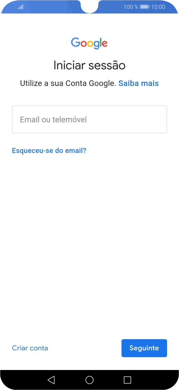 Se não tiver uma conta Google, prima Criar conta e siga as indicações no ecrã para criar uma conta.