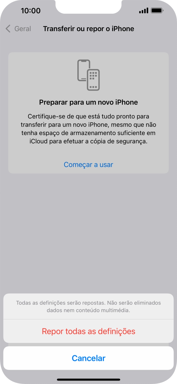 Prima Repor todas as definições. Aguarde um momento enquanto o telefone restabelece as definições originais. Siga as indicações no ecrã para configurar o telefone de modo que este fique pronto a ser utilizado.