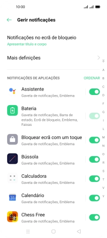 Prima o indicador junto às apps pretendidas para ativar ou desativar a função.