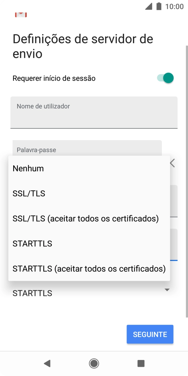 Prima STARTTLS para ativar a função.