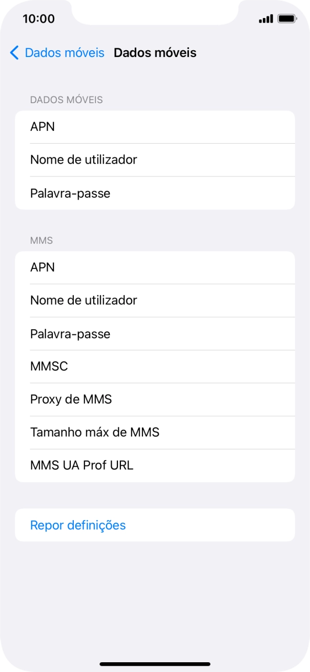 Prima APN e insira net2.vodafone.pt.