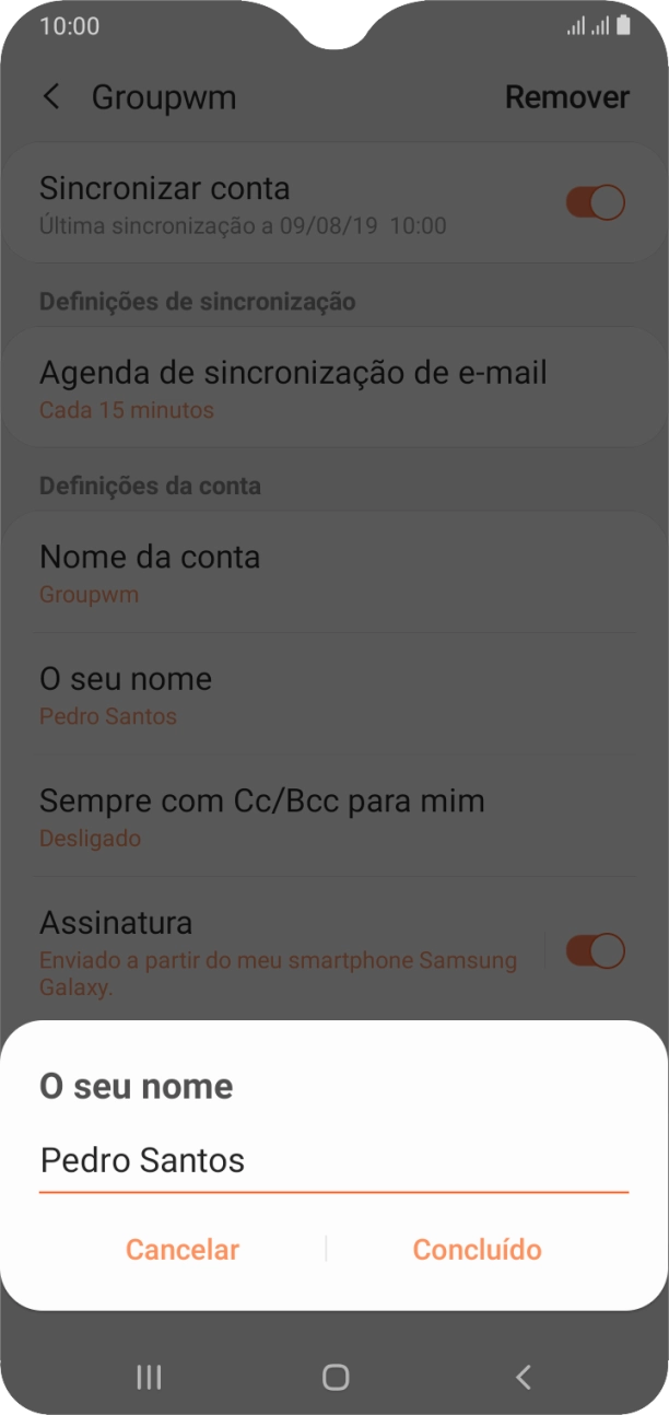 Introduza o nome de remetente e prima Concluído.