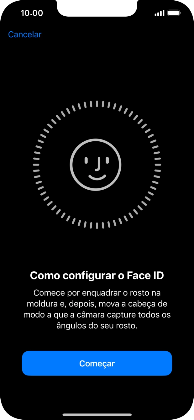 Prima Começar e siga as indicações no ecrã para estabelecer um código de reconhecimento facial (Face ID).