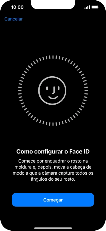 Prima Começar e siga as indicações no ecrã para estabelecer um código de reconhecimento facial (Face ID).