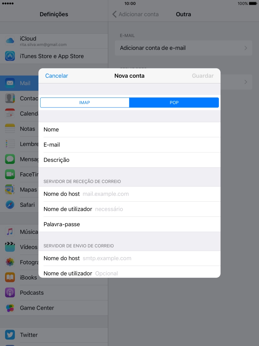 Prima Nome do host e insira pop.vodafone.pt.