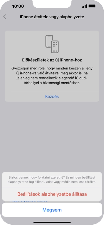 Válaszd a Beállítások alaphelyzetbe állítása lehetőséget. Várj egy kicsit, amíg a telefon visszaállítja a gyári beállításokat. A telefon konfigurálásához és ahhoz, hogy üzemkész állapotba hozd, kövesd a képernyőn megjelenő utasításokat.
