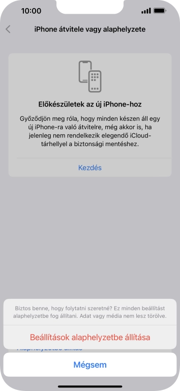 Válaszd a Beállítások alaphelyzetbe állítása lehetőséget. Várj egy kicsit, amíg a telefon visszaállítja a gyári beállításokat. A telefon konfigurálásához és ahhoz, hogy üzemkész állapotba hozd, kövesd a képernyőn megjelenő utasításokat.