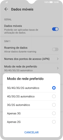 Prima o tipo de rede pretendido.