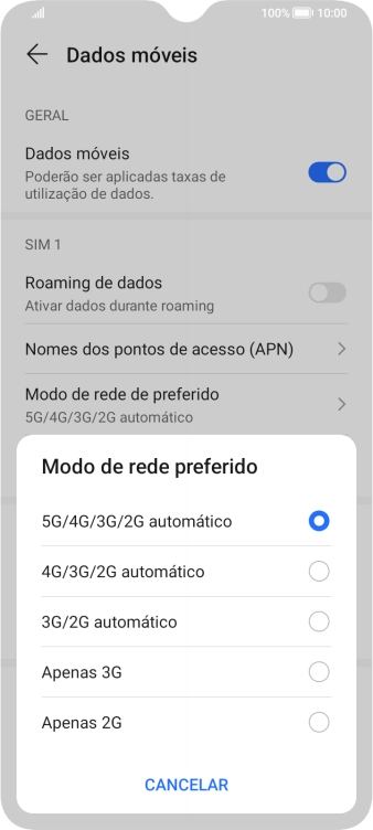 Prima o tipo de rede pretendido.
