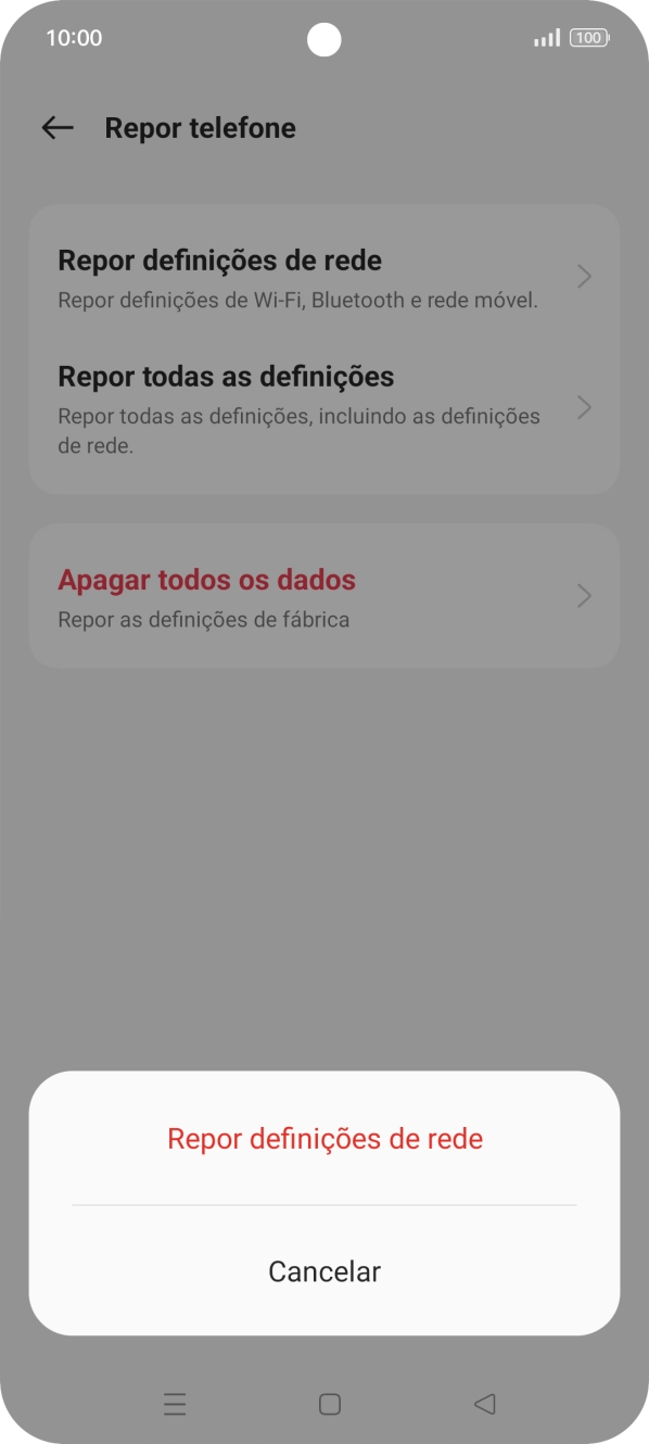 Prima Repor definições de rede.