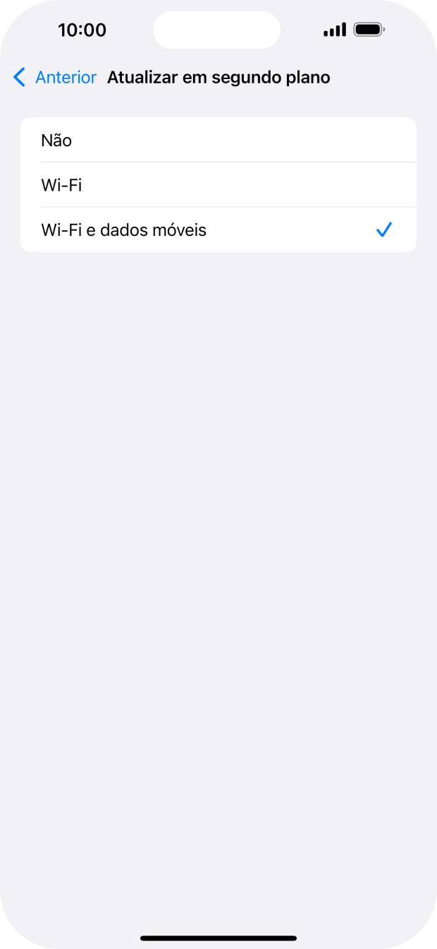Para desativar a atualização de apps em segundo plano, prima Não.