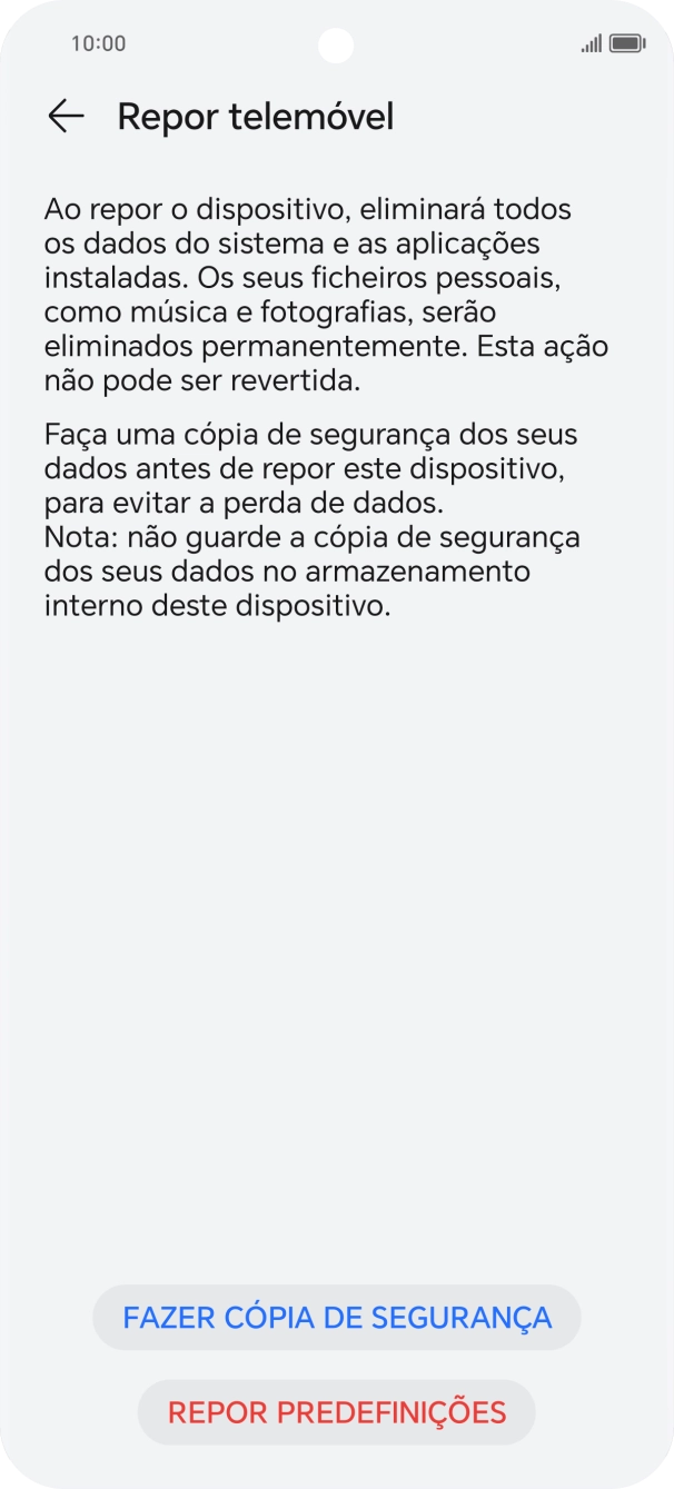 Prima REPOR PREDEFINIÇÕES. Aguarde um momento enquanto o telefone restabelece as definições originais. Siga as indicações no ecrã para configurar o telefone de modo que este fique pronto a ser utilizado.