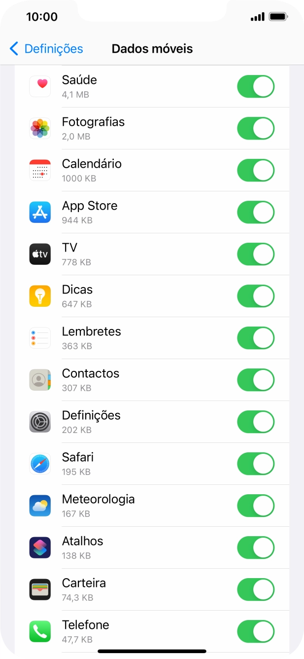 Prima o indicador junto das aplicações pretendidas para ativar ou desativar a função.