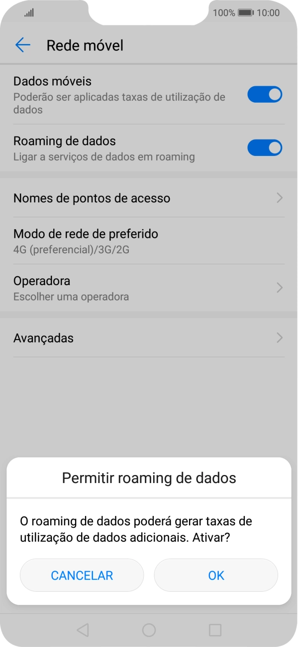 Para ativar o roaming de dados, prima OK.