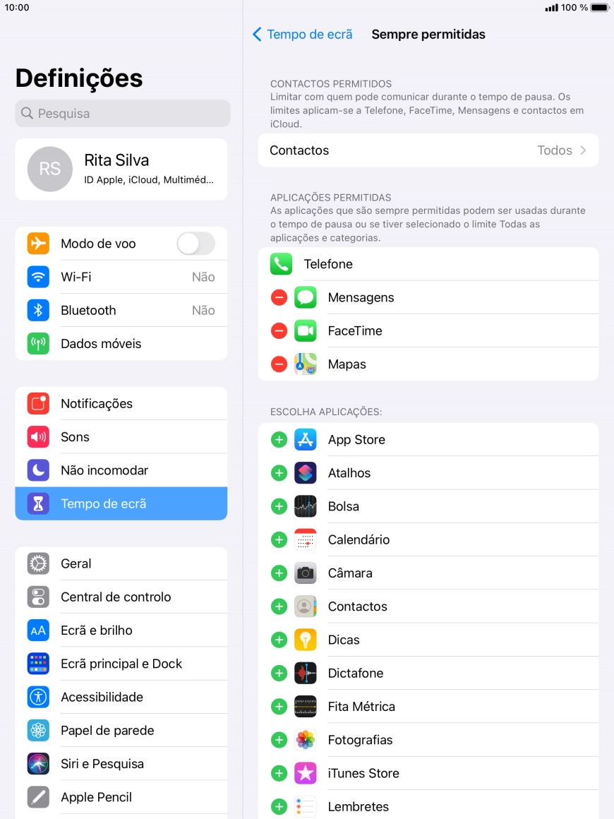 Prima o ícone para adicionar junto da app pretendida para a adicionar à lista de apps permitidas durante o Tempo de pausa.