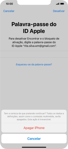 Introduza a password do ID Apple e prima Apagar iPhone. Retire o retentor do cartão SIM Siga as indicações no ecrã para configurar o telefone de modo que este fique pronto a ser utilizado.