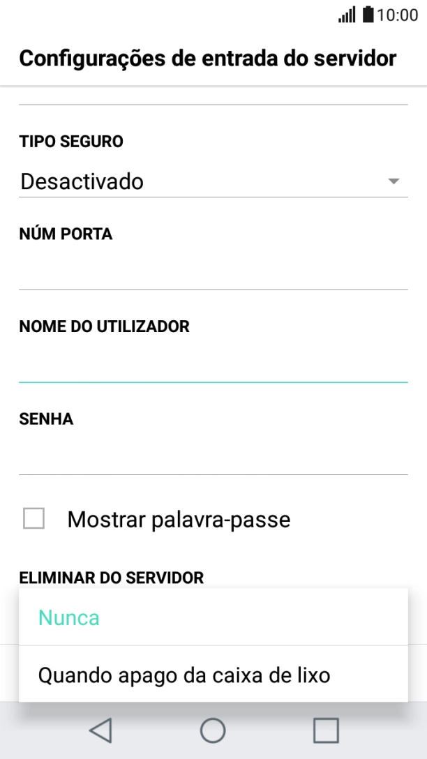 Prima Nunca para manter os e-mails no servidor quando estes são apagados no telefone.