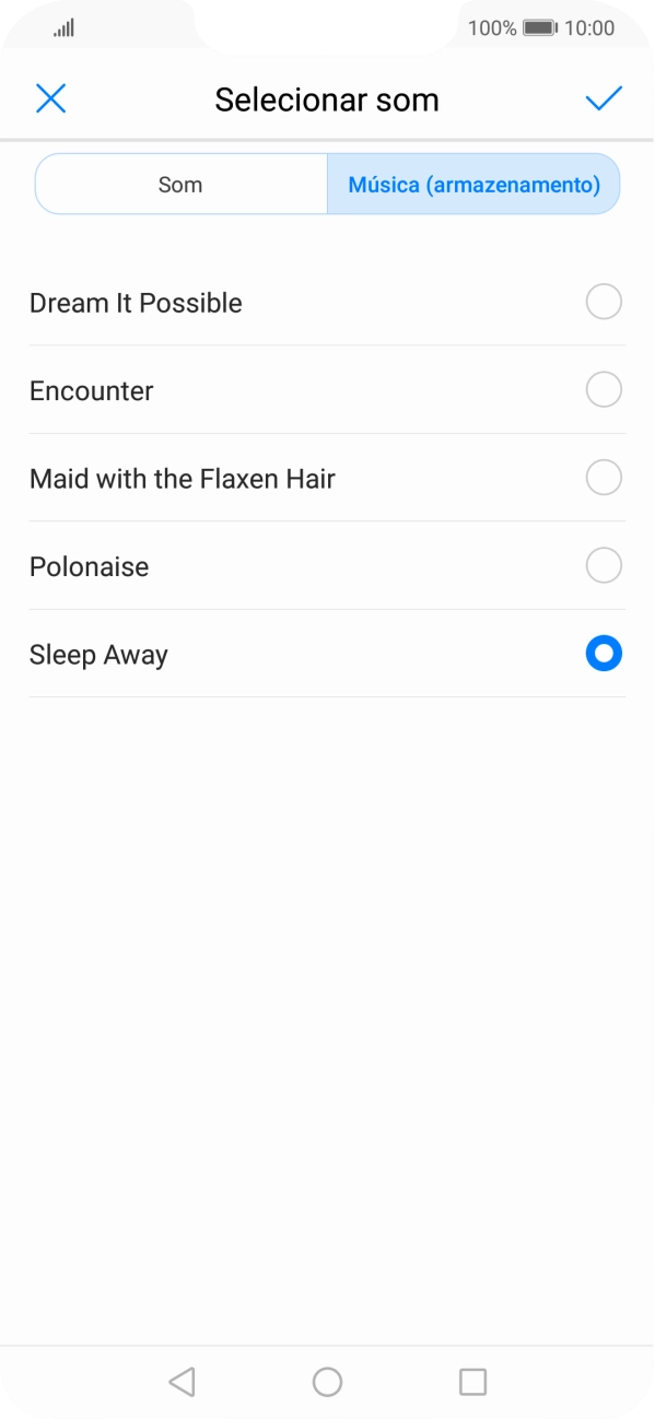 Quando tiver encontrado o tom de toque que pretende, prima o ícone para aceitar.
