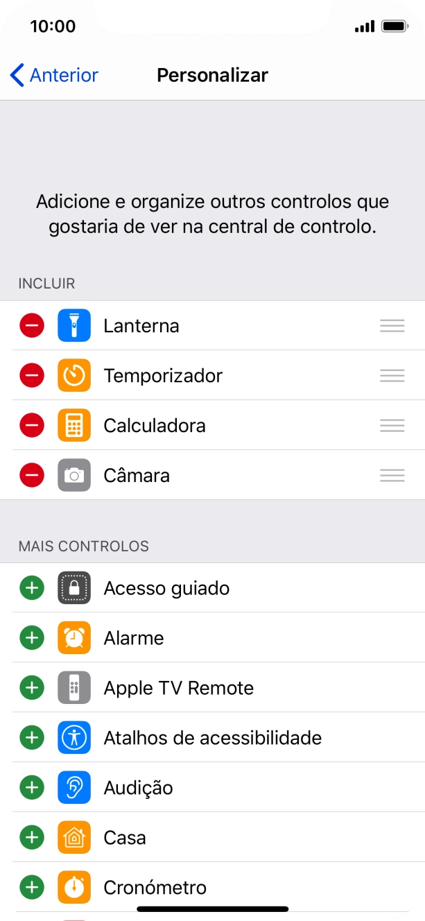 Prima o ícone para apagar junto da função pretendida para a remover da Central de controlo.