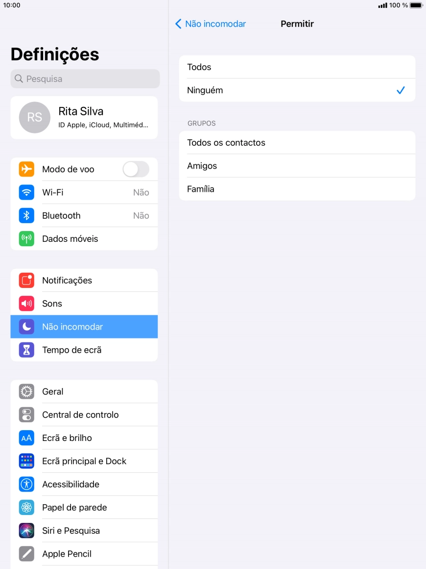 Prima as definições pretendidas para escolher quais os contactos que lhe podem ligar quando a função 