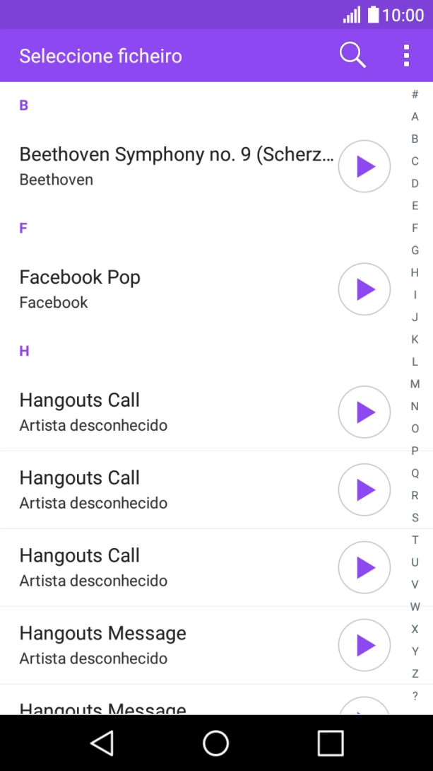 Prima o ícone de reprodução junto dos tons de toque para os ouvir.