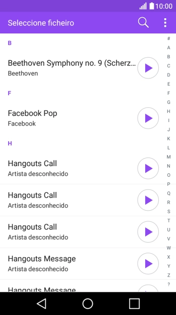 Prima o ícone de reprodução junto dos tons de toque para os ouvir.