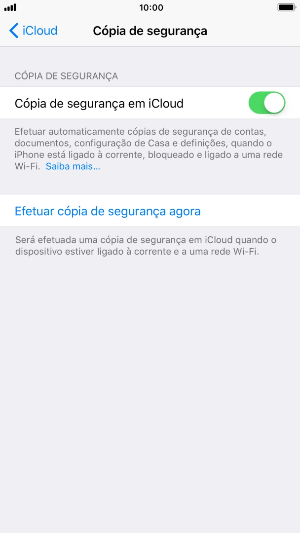 Prima Efetuar cópia de segurança agora e aguarde enquanto é efetuada a cópia de segurança do conteúdo da memória do telefone.