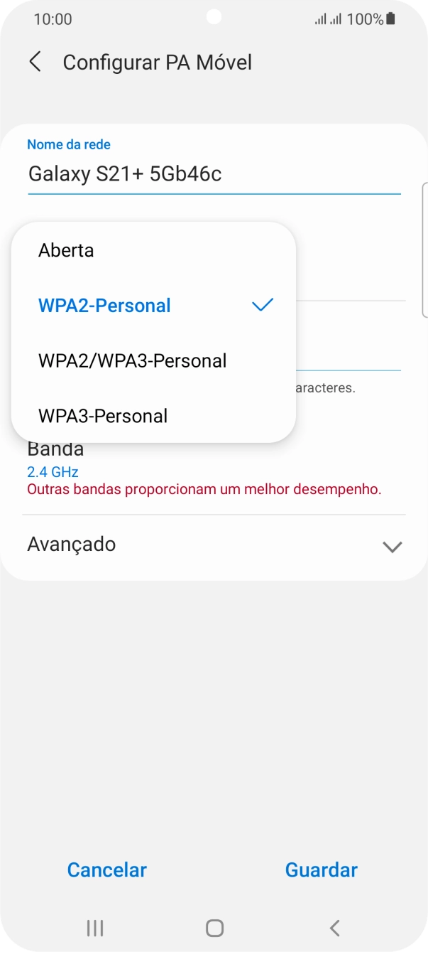 Prima WPA2-Personal para proteger o hotspot Wi-Fi com uma password.