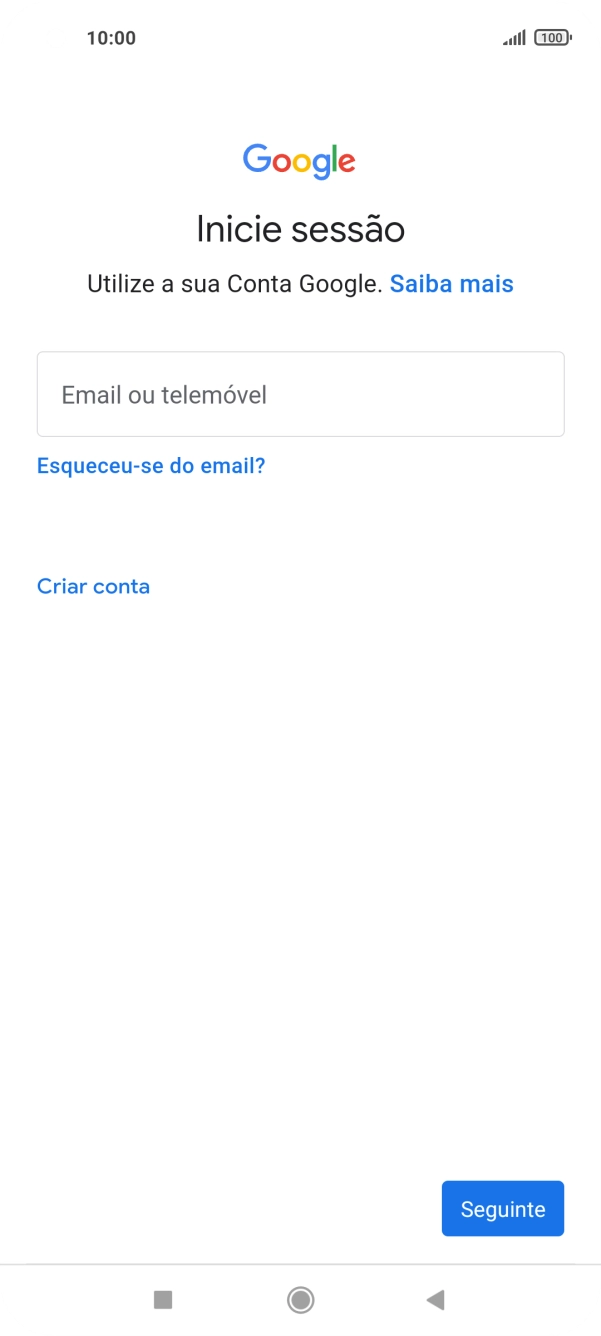 Se não tiver uma conta Google, prima Criar conta e siga as indicações no ecrã para criar uma conta.